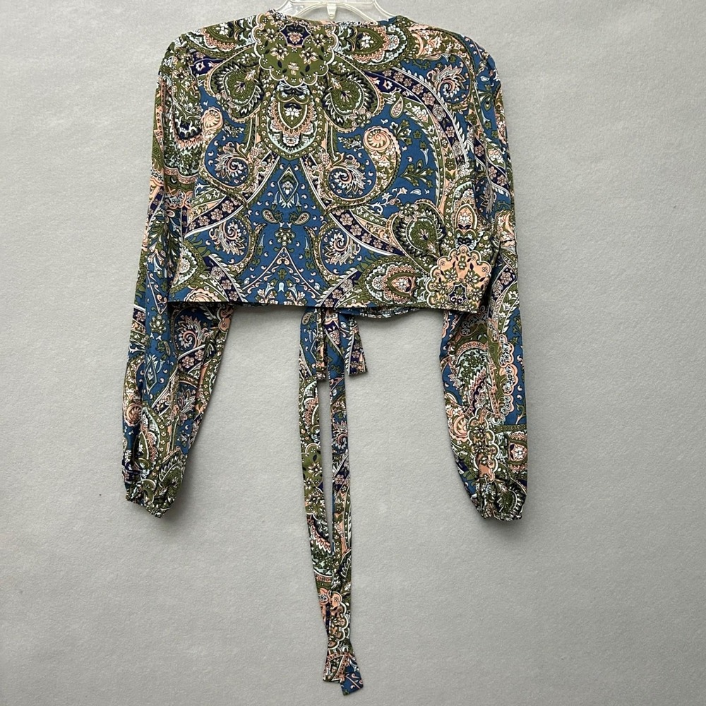 SHEIN Curve Paisley Tie Front Crop Top Womens 2XL Blue Green Boho Long Sleeve - Picture 14 of 16